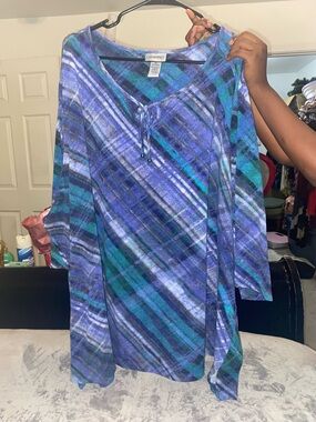 Catherines Blue & Teal Plaid Tie-Neck Tunic